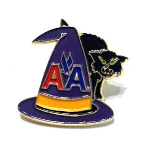 Rare American Airlines Halloween Pin Vintage Enamel Black Cat Witch Hat
